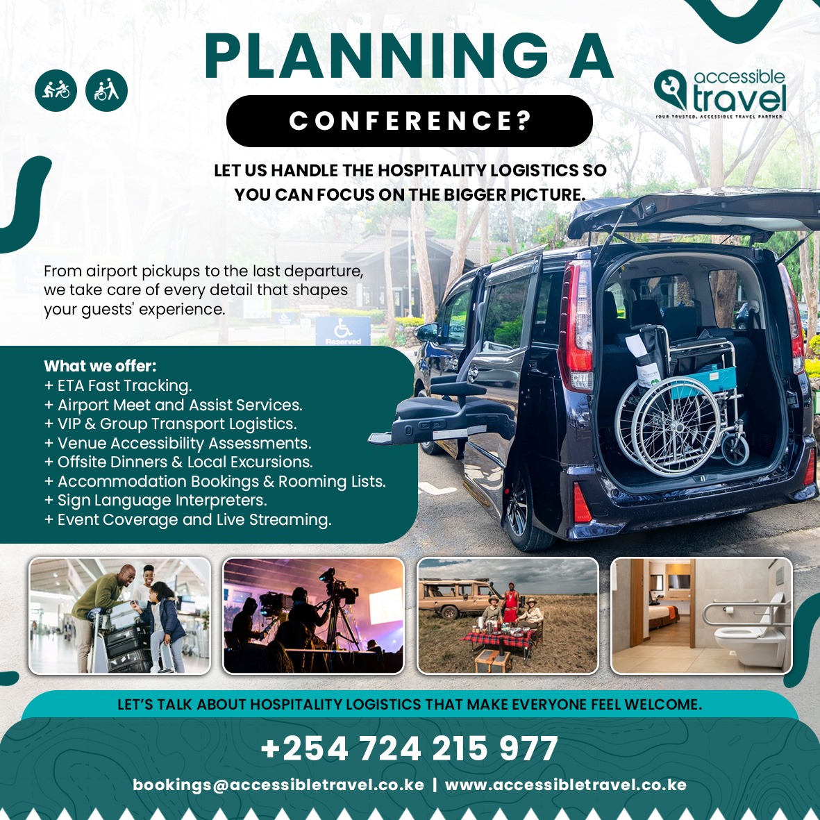 Planning a conference? Accessible Travel Kenya hospitality logistics flyer with a wheelchair-accessible van, airport arrivals, event filming, a bush dinner and an accessible hotel bathroom