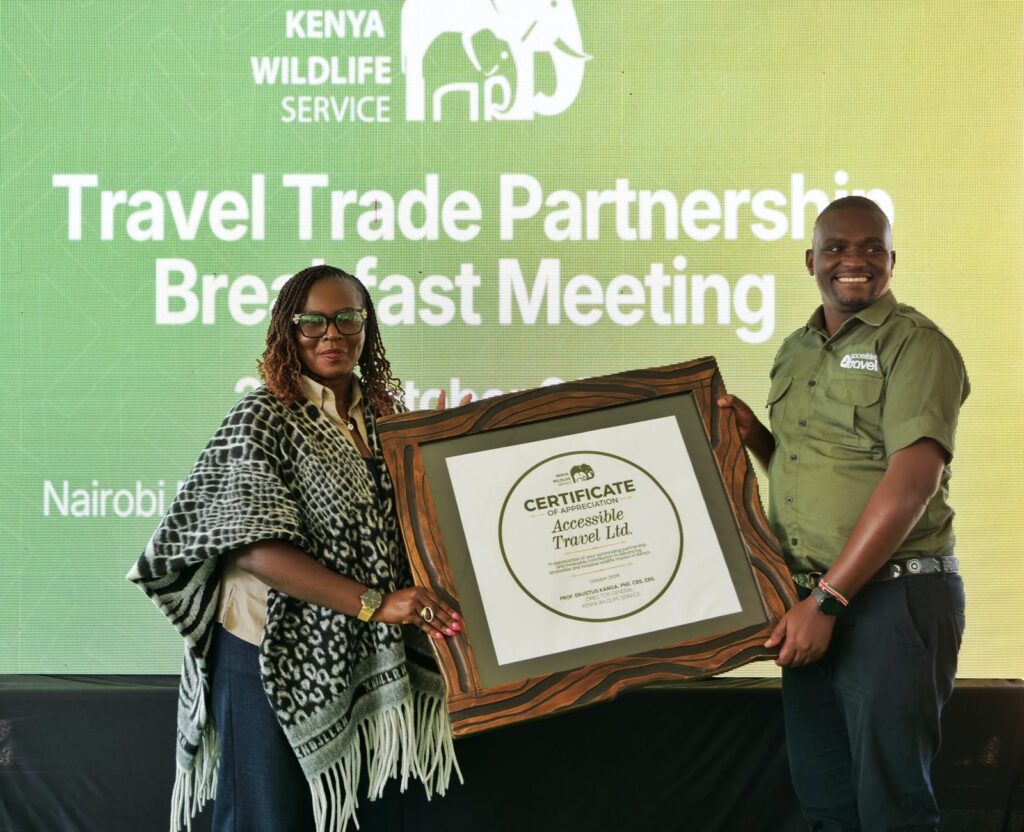 Accessible Travel receiving a Kenya Wildlife Service Certificate of Appreciation at the KWS Travel Trade Partnership Breakfast Meeting, Nairobi, October 2026