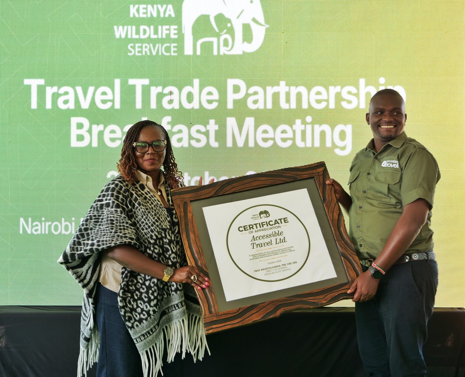 Accessible Travel receiving a Kenya Wildlife Service Certificate of Appreciation, October 2026
