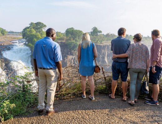 Guests on a guided tour viewing Victoria Falls