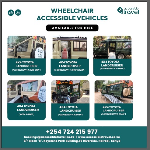 Six wheelchair-accessible 4x4 Toyota Land Cruisers available for hire: 7-seater with side step, 7-seater with swivel seat, 6-seater with ramp, and 7-seaters with ramps