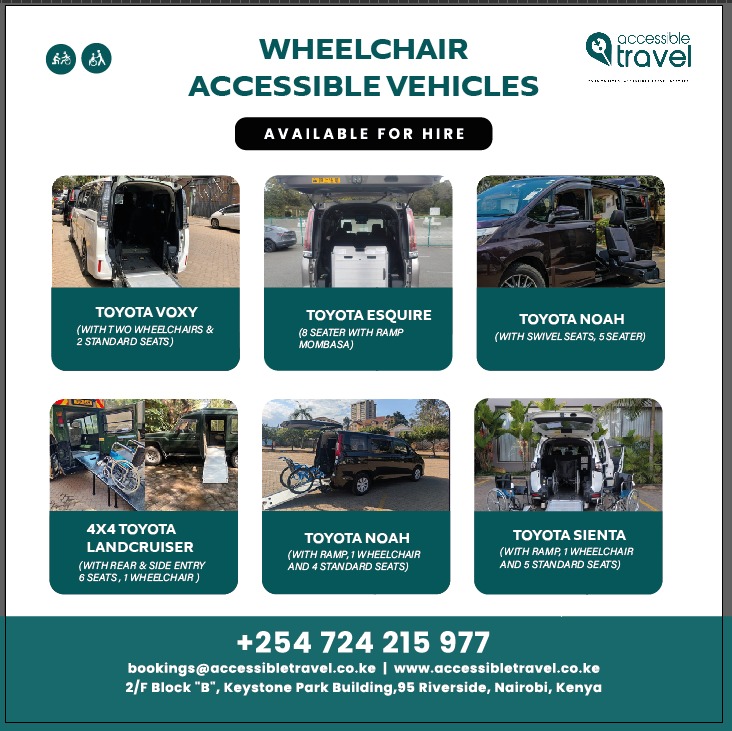 Wheelchair-accessible vans for hire: Toyota Voxy for two wheelchairs, Toyota Esquire 8-seater with ramp in Mombasa, Toyota Noah with swivel seat, Land Cruiser with rear and side entry, Toyota Noah with ramp, Toyota Sienta with ramp